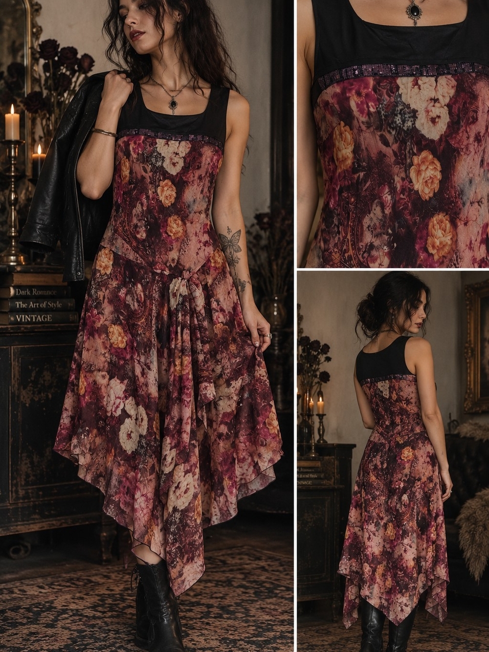 Vintage Whimsy Goth Floral Dress Black Burgundy Boho Romantic Fairycore